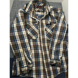 Five Brother Mens L Brown & Blue Plaid Flannel Shirt Long Sleeve Button-Up